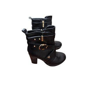 Guess Grunge Whimsy Black Block Platform High-Heeled Ankle Boots Gold Buckle 6